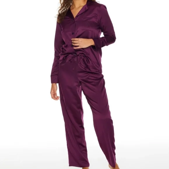 Lauren Ralph Lauren Satin Pajama Set Notch Collar Shirt & Wide Leg Pant Wine S - Picture 3 of 7